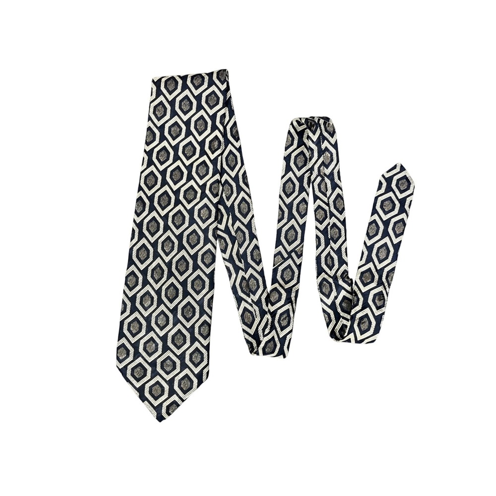 Vito Rufolo Mens Silk Tie Made in Italy Navy Blue Geometric Hexagon Wide 4 Inch